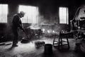 Figure of working blacksmith with anvil and hammer against background of fire and sparks. Royalty Free Stock Photo