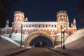 Figured bridge in the Palace and Park ensemble Tsaritsyno winter evening in the new year and Christmas holidays. Moscow