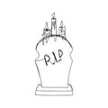 Figured headstone with an inscription R.I.P and burning candles one line art. Continuous line drawing of grave, cemetery