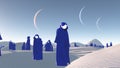 Figures in blue robes in desert