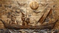 Ancient Egyptian relief depicting figures in a ceremonial boat, surrounded by hieroglyphs, showcasing a traditional Royalty Free Stock Photo