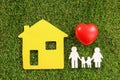 Figures of family, red heart and yellow house on green grass, flat