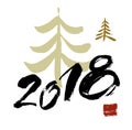 2018 figures ink hand lettering on white background with abstract christmas trees. Modern brush calligraphy. Royalty Free Stock Photo