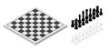 Figures near chessboard isometric illustration. Black and white chess pieces vector set. King, queen, bishop, horse Royalty Free Stock Photo