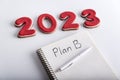 Figures 2023 and notebook with the inscription PLAN B. Backup plan concept