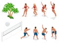 Figures of people when playing volleyball. Beach volley ball concept. Vector isometric illustration