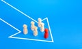 Figures of people under the leadership of leader moving in a single arrow direction. Follow the goal together. Organization