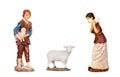 Figures of the portal of nativity scene, shepherds and sheep Royalty Free Stock Photo