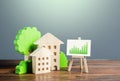 Figures of residential buildings and an easel with a green positive growth trend chart. Real estate market recovery. Increased Royalty Free Stock Photo
