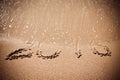 Figures 2016 sea wave with foam washes sand on the beach in Alan Royalty Free Stock Photo