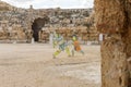 Figures of two fighting gladiators in the arena of the ancient amphitheater in the ruins of the Beit Guvrin amphitheater, near