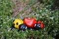 Figures of two ladybirds in the green grass. Next to the heart Royalty Free Stock Photo