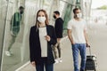 Figures of young people in protective masks near the airport. Safe travel during a pandemic