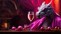 Figurine of a Chinese pink dragon woman with a glass of champagne on Christmas. Symbol 2024