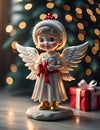 Figurine of a cute Christmas angel wearing a big red bow ribbon and golden shoes