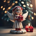 Figurine of a cute little Christmas Angel carrying a Christmas present