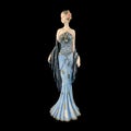 Ceramic figurine of a fantastic woman in a blue dress on a black background. porcelain antique figurine of a woman in retro clothe