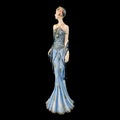 Ceramic figurine of a fantastic woman in a blue dress on a black background. porcelain antique figurine of a woman in retro clothe