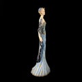 Ceramic figurine of a fantastic woman in a blue dress on a black background. porcelain antique figurine of a woman in retro clothe