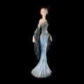 Ceramic figurine of a fantastic woman in a blue dress on a black background. porcelain antique figurine of a woman in retro clothe