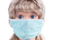 Figurine of girl in a medical mask isolated on white background. Face mask protection against pollution, virus, flu and