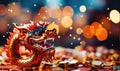 Figurine of a golden wooden toy dragon among a pile of coins - Generative AI