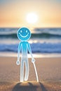 A figurine of a little man walks along the beach against the backdrop of waves. A smile on your face. Sunset, beach sand Royalty Free Stock Photo