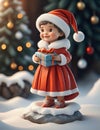 Figurine of a lovely young girl wearing Christmas apperel, holding a Christmas present.