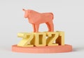 Figurine of a low poly bull on a stand with yellow number 2021, a symbol of the new year