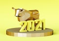 figurine of a low poly Golden Bull on a stand with yellow number 2021, new year is coming