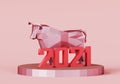Figurine of a low poly Pink Bull on a stand with red number 2021, a symbol of the new year