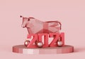 Figurine of a low poly Red Metallic Bull on a stand with the number 2021