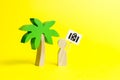 Figurine of a man with a poster with a bag under a palm tree on a yellow background. Concept of wanting a vacation trip