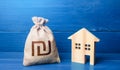 Figurine silhouette house and israeli shekel money bag. Buying and selling real estate. Maintenance, property improvement.