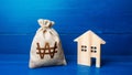 Figurine silhouette house and south korean won money bag. Taxes. Mortgage loan. Sale of housing. Proposal for a deal price. Buying