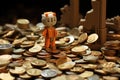 A figurine is standing on top of a pile of coins, AI