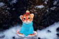 A figurine of a toy tiger cub on the snow against a background of tree bark.