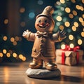 Figurine of a very happy Xmas gingerbread man on a stone pedestal.
