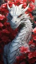 A figurine of a White Dragon against a background of red flowers. Symbol of Chinese New Year. Symbol of good luck