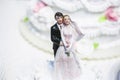 Figurines of the bride and groom on a wedding cake Royalty Free Stock Photo