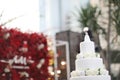 Figurines of the bride and groom on a wedding cake.Funny figurines suite at a luxury wedding white cake decorated . Royalty Free Stock Photo