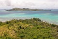 Fiji Islands. Turquoise waters of ocean wash island covered tropical vegetation. Travel concept