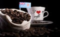 Fijian flag in a bag with coffee beans isolated on black
