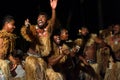 Fijian men dancing a traditional male dance meke wesi in Fiji