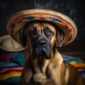 Fila Brasileiro dog wearing a national sombrero hat, funny cute pet, close-up portrait