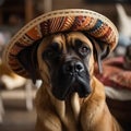 Fila Brasileiro dog wearing a national sombrero hat, funny cute pet, close-up portrait