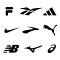 Fila Reebok, Adidas Nike, Brooks Puma, New balance, Mizuno, Asics - logos of sports equipment and sportswear company. Kyiv, Royalty Free Stock Photo
