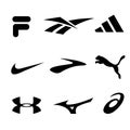 Fila Reebok, Adidas, Nike Brooks, Puma Under armour, Mizuno, Asics - logos of sports equipment and sportswear company. Kyiv, Royalty Free Stock Photo