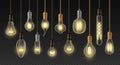 Filament lamps. Realistic incandescent light bulbs of different types and shapes, retro loft interior decoration lamp