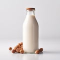 Filbert milk in bottle with filbert nuts on wooden backgrounds.